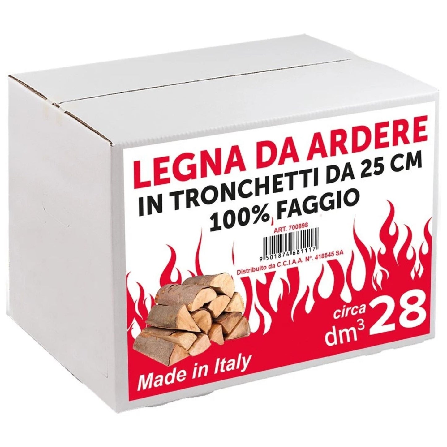 Legna di faggio da ardere, scatola da 12 kg, tronchetti da 25 cm
