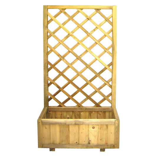 Fioriera rettangolare con pannello grigliato legno 75x30x180h, spalliera piante da giardino