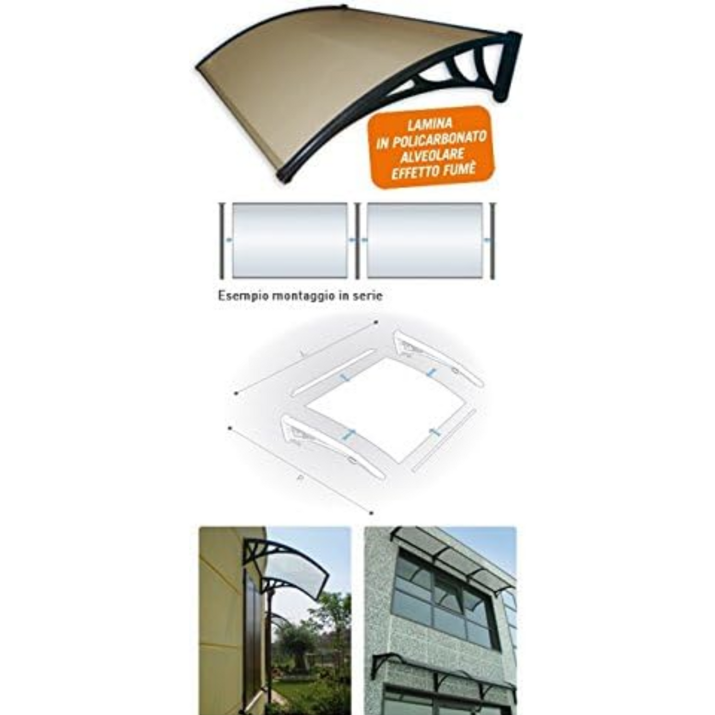 Pensilina da esterno modulabile in policarbonato alveolare, spessore 5 mm