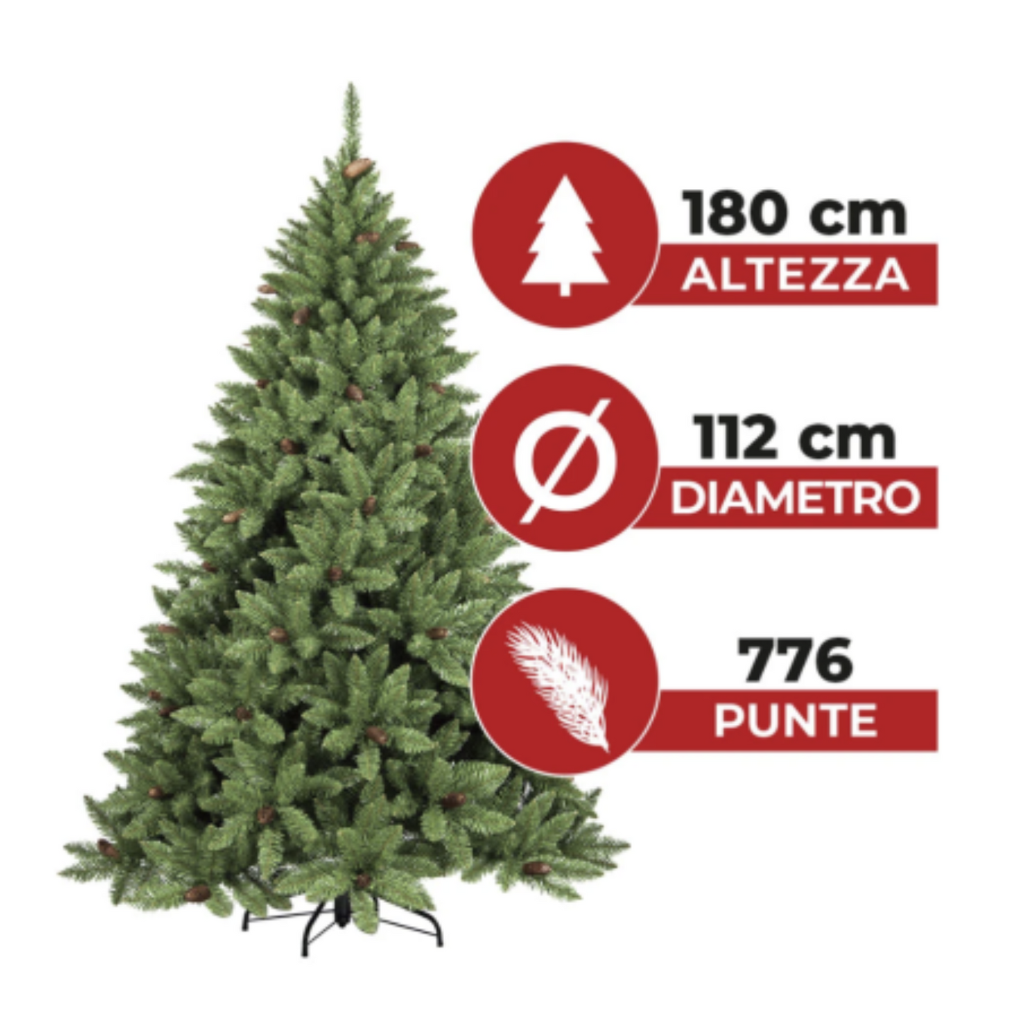 Albero di Natale "St Moritz" 180 cm con pigne in PVC effetto realistico 776 Rami