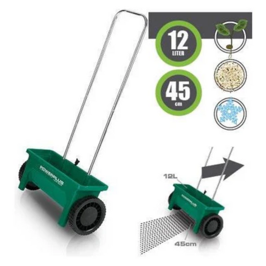 Carrello spargi concime e sale 12 Lt, concimatore manuale con ruote
